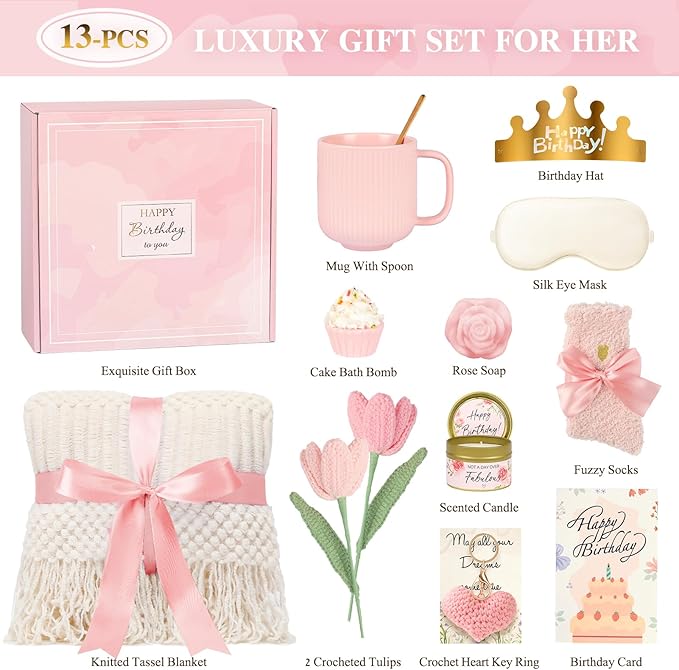 Birthday Gifts for Women - 13PCS Unique Happy Birthday Gifts Basket for Mom Her Best Friend Sister Wife Girlfriend Coworker - Relaxing Spa Self Care Package Get Well Soon Gifts Set (Rose)