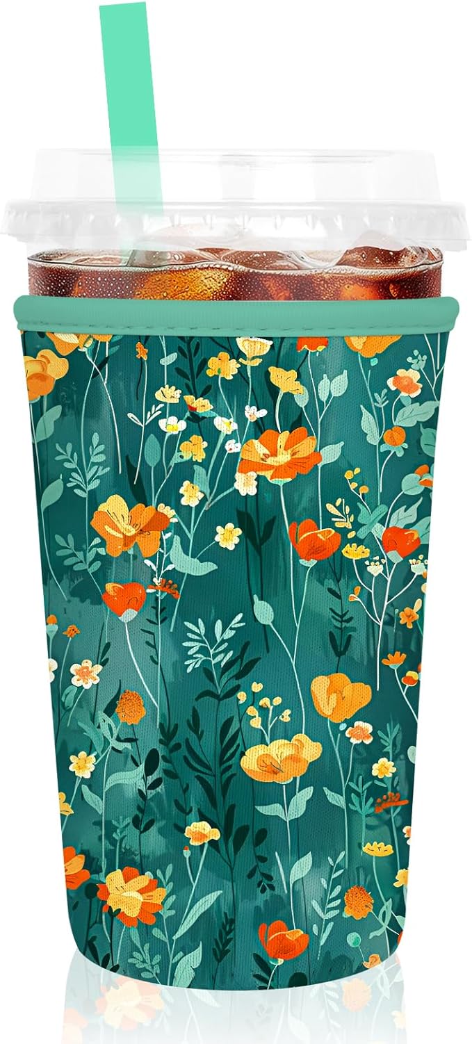 Iced Coffee Sleeve, Reusable Insulated Neoprene Cup Sleeve for Cold & Hot Drinks Beverages, Cup Holder for 32oz Coffee Cups, Green Flowers