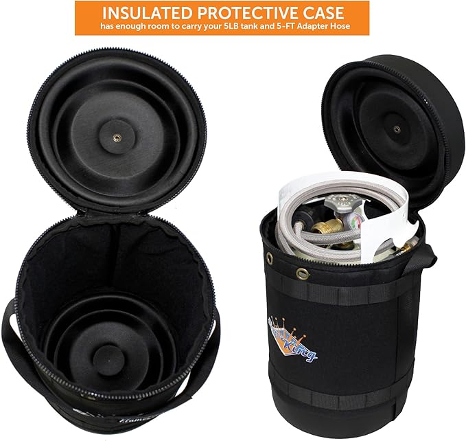 Flame King Gas Hauler Pro Kit - Insulated Protective Carry Case, 5LB Propane Tank with Built-in Gauge and 5-FT Adapter Hose for Camping and Outdoor Adventures