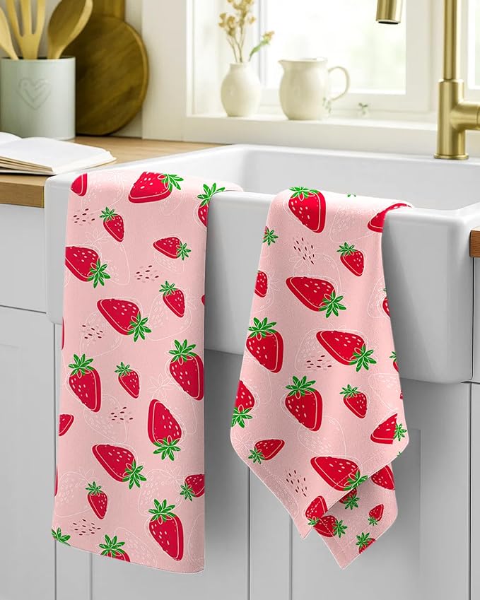 Flour Sack Kitchen Towels Set of 2-18x26 Cotton Dish Towels with Hanging Loop Reusable Tea Towel for Cleaning Spring Absorbent Dishcloths Cute Home Decor Housewarming, Line Strawberry