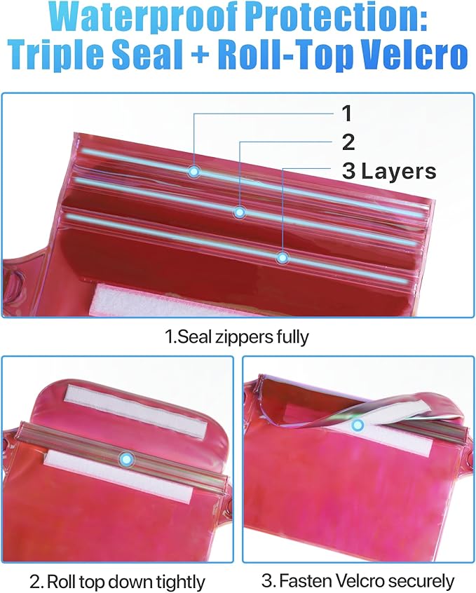 F-color Waterproof Fanny Pack - Cruise Essentials 2025 - Waterproof Pouch, Triple Zipper Roll-Top Dry Bag for Phone with Adjustable Waist Strap, Keep Passport Valuables Dry for Beach Kayaking Boating