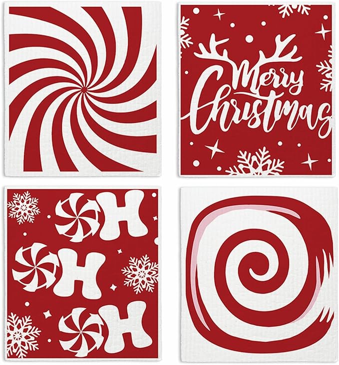 Swedish Dishcloths for Kitchen, Christmas Xmas Snowflake Red Kitchen Dish Towels for Washing Dishes, 4 Pack Reusable Paper Towels, Sponge Cloths for Winter Holiday Baking Cooking Home Cleaning