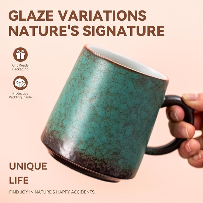 15oz Peacock Green Kiln-Change Ceramic Coffee Mug, 1340℃ High-Fire Unique Glaze Tea Cup - Lead-Free, Microwave Safe, Handcrafted Gift for Coffee/Tea Lovers