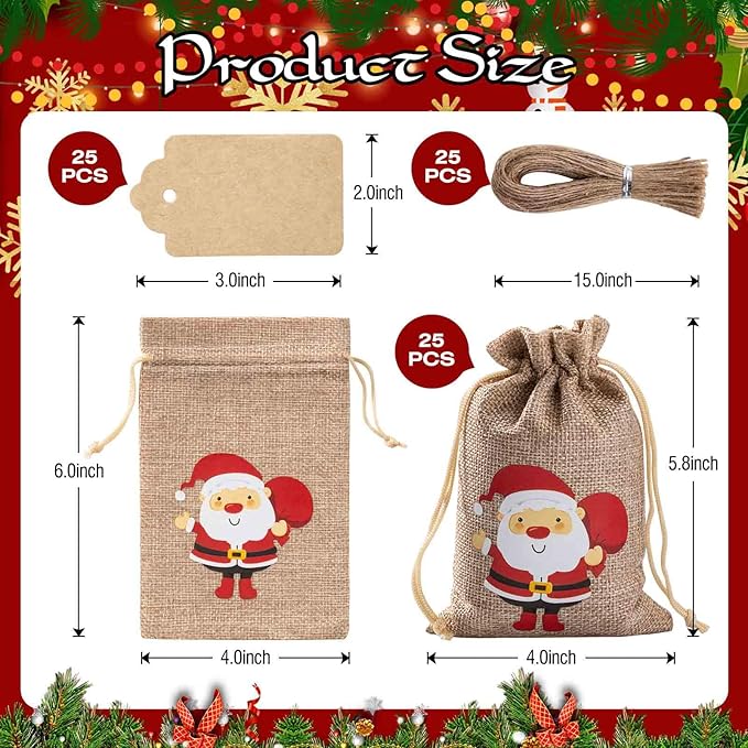 Homum 25 Pcs Christmas Burlap Gift Bags with Drawstring and Tags - 4x6 Inch Tiny Small Gift Bags for Xmas Candy and Christmas Supplies