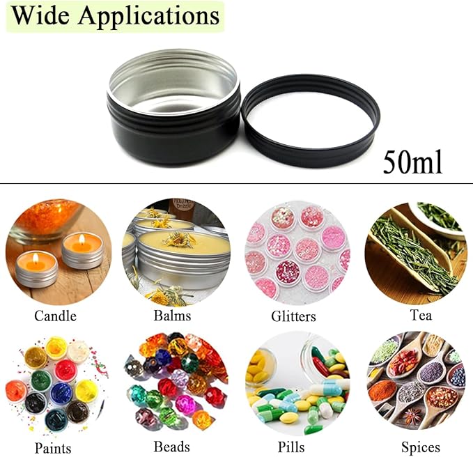 10pack 50ml Aluminum Tin, 50 Gram Black Container Leak Proof Cosmetic Jars, 50g Small Makeup Containers Round Screw Lids for Cosmetic, Salves, Lip Balms, Toner, Cream, Candle, Tea, Beads, Wax