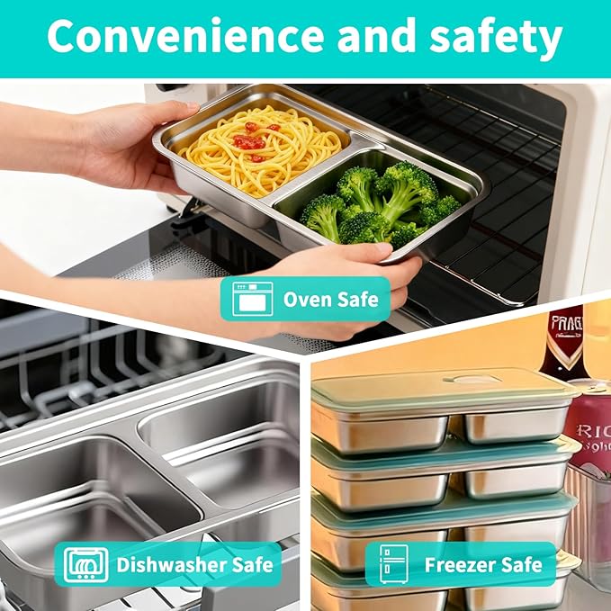 4 Pack Stainless Steel Snack Containers with Lids, Reusable Leak-Proof 2-Compartment Bento Box, Portable Food Storage Lunch Box for Work, Travel, Meal Prep
