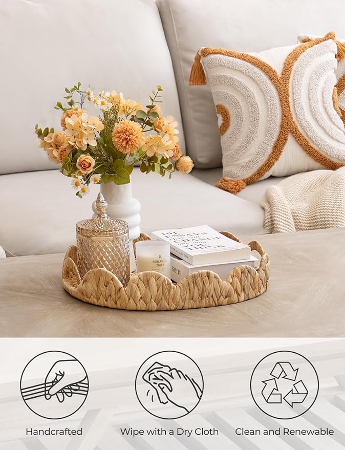StorageWorks Elliptical Wicker Scalloped Tray, Rattan Serving Trays with Handles, Water Hyacinth Basket for Decorative & Organizing, 16.5" L x 13" W x 2.8" H