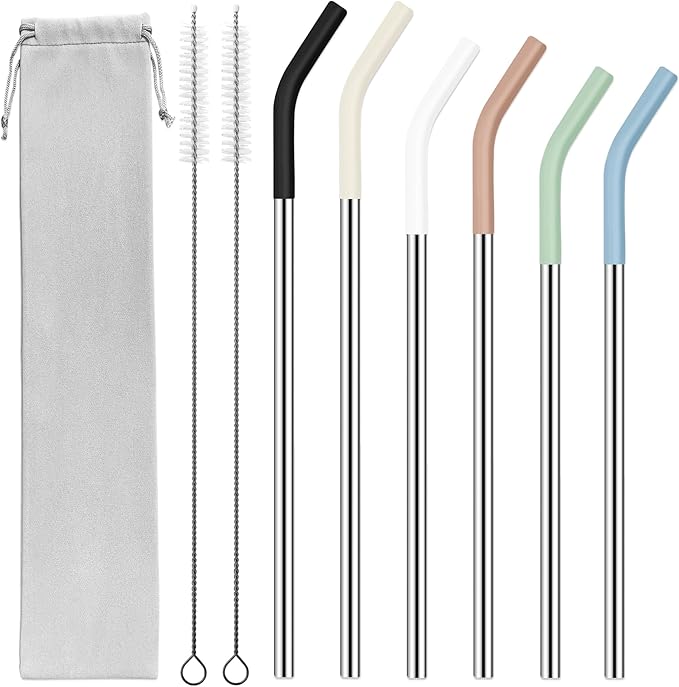 20 30 40 oz Stainless Metal Straws for Stanley Tumbler, 6Pcs Reusable Straight Long Steel Straws with 12 Silicone Tips and 2 Straw Cleaning Brushes (6Color1, 20 30 40oz)