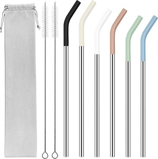 20 30 40 oz Stainless Metal Straws for Stanley Tumbler, 6Pcs Reusable Straight Long Steel Straws with 12 Silicone Tips and 2 Straw Cleaning Brushes (6Color1, 20 30 40oz)