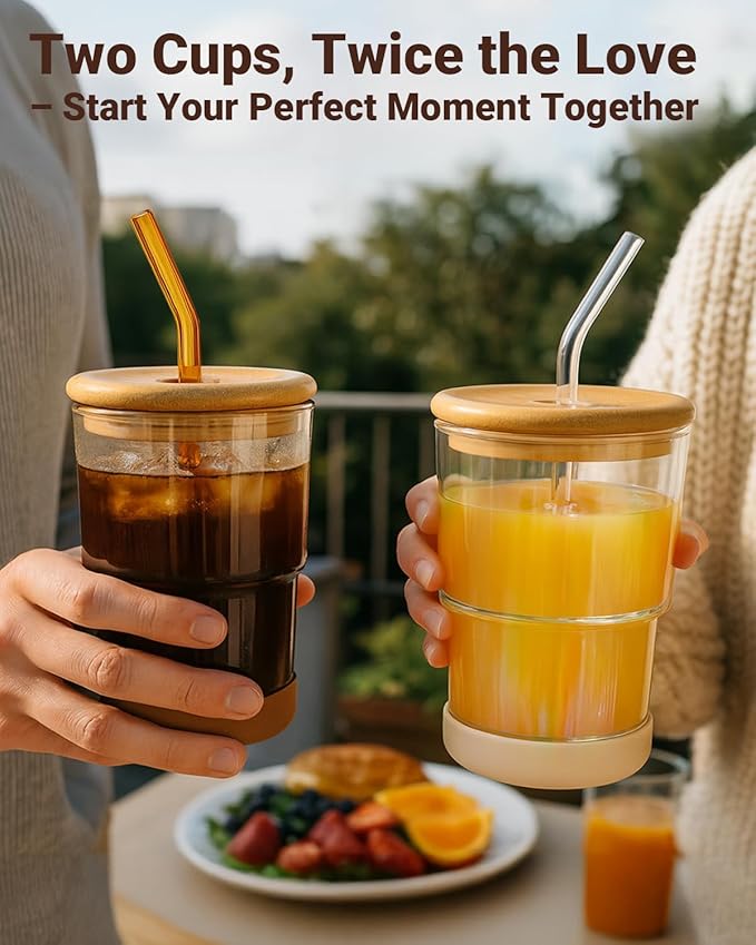 Zukro 13 oz Glass Iced Coffee Cups with Bamboo Lid and Straw for Office/Home/Work, Zero Plastic, Thick Wall Glass Water Tumbler With Silicone Bottom, Matcha Glasses, ECO Friendly, Amber 4 Pack
