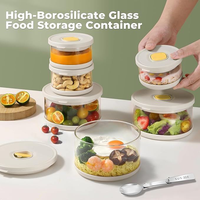 Glass Food Storage Container with Airtight Lids, 33.8oz High-Borosilicate Glass Meal Prep Container, Overnight Oats Cereal Bowl, Bento Lunch Box for Salad, Ramen, Fruit - 1 Pack (White)