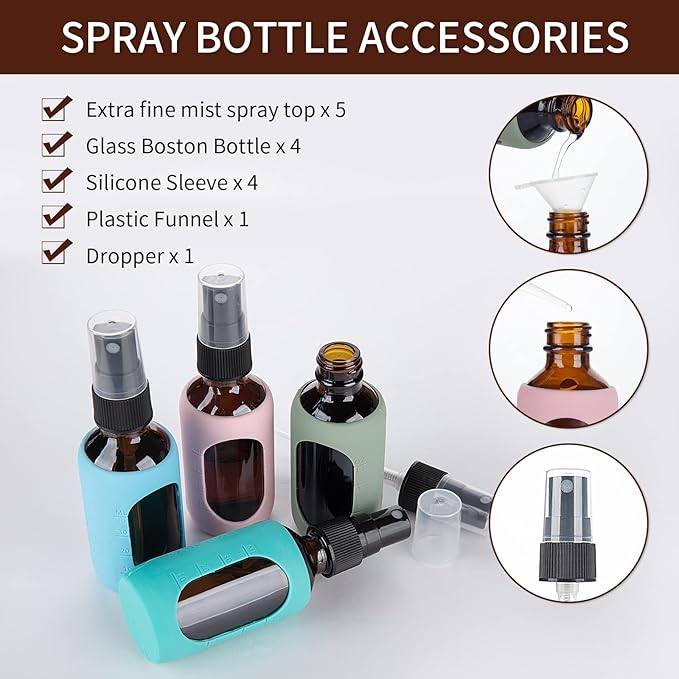 HOMBYS Empty Amber Glass 2oz Small Spray Bottles with Silicone Sleeve Protection - Refillable Containers for Travel, Cleaning Solutions, Essential Oils, Sanitizers - Fine Mist Spray - 4 Pack-Amber