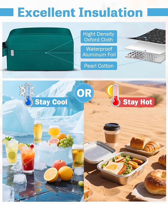 Small Insulated Snack Bag Lunch Box,Collapsible Reusable Small Lunch Bag with Snap Buckle Handle for Beach Travel Picnic,Peacock Green 5-Can(3L)