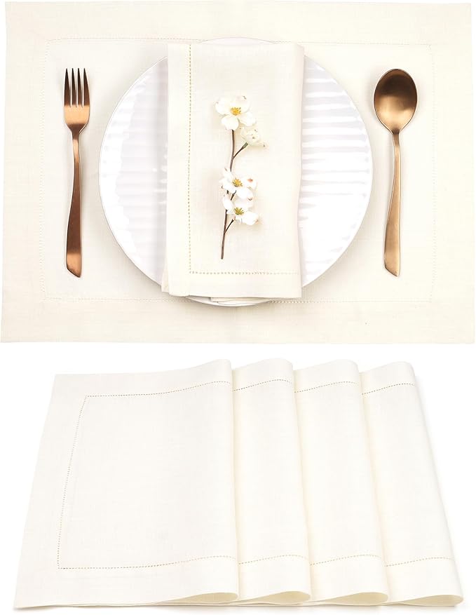 D'Moksha Homes Linen Placemats Set of 4 - Classic Hemstitch Ivory Placemats 14 x 19 Inch - 100% Pure Linen Table Mats for Winter, Christmas, Holiday - Handcrafted and Machine Washable