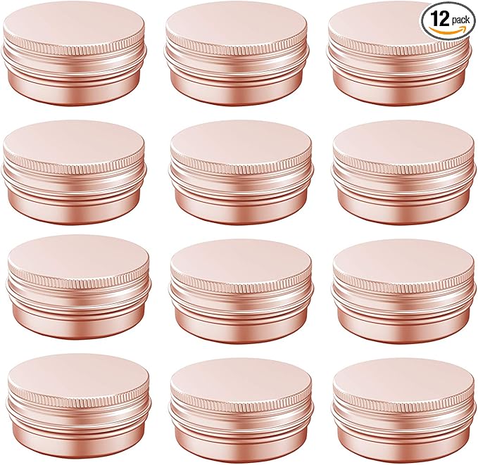 2 Ounce Aluminum Tin Jar with Screw Cap 60mL Tin Cans Refillable Containers for Cosmetic, Lip Balm, Cream, Lotion, Balms, Spices, Salve, Rose Gold 12 Pcs.