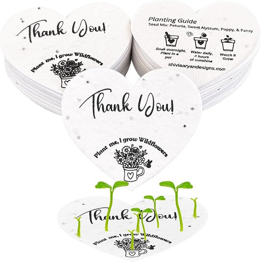 50 Plantable Seed Paper Hearts with Wildflower Seeds- A Thank You Card That Grows | A Memorable Gift Tag That Keeps Giving | 2.5in x 2in Thank You Note for Bridal Shower, Weddings, Holidays, and for Small Business Thank You Cards