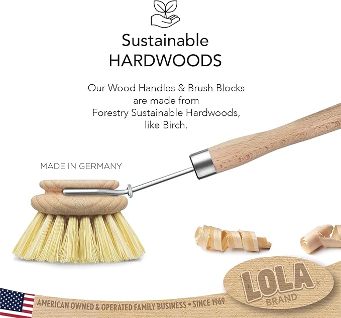 LOLA, The Original- Pot & Pan Brush, 6 Pack, Heavy Duty Brass Wire & Tampico Bristles, Handle Made from Sustainable Birch Wood for Cleaning