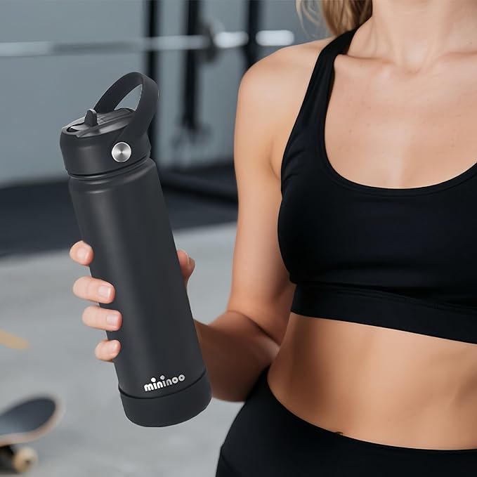 Mininoo Insulated Stainless Steel Water Bottle with Straw, Ceramic-Lined, BPA-Free & Leak-Proof, 24 oz, Black