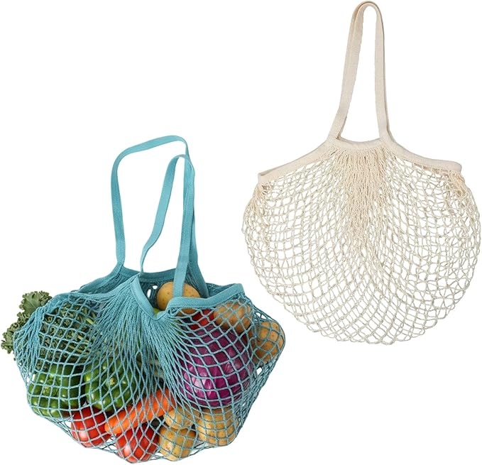 2 Pack Reusable Mesh Grocery Bags, Washable Cotton String Shopping Bag Long Handle Cotton Mesh Produce Bag for Fruit Vegetables Farmers Market