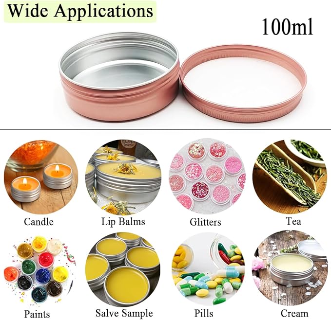 6pack 100ml Aluminum Tin Jars, 100 Gram Empty Travel Cosmetic Sample Container Screw Cap Lid, 100g Metal Tins Can for DIY Crafts, Lip Balms, Face Cream, Candle, Tea, Paint, Slime, Matte-Pink