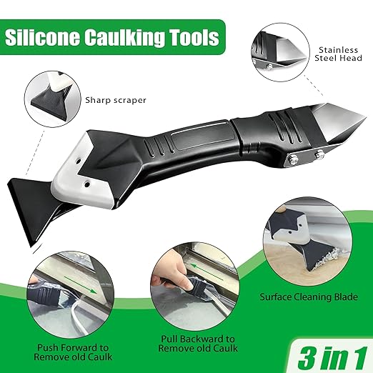 3 in 1 Silicone Caulking Tools, 10 Pack, Grout Removal Sealant Finishing Tool with Scraper(Stainless Steelhead), 5 Exchange Silicone Pads, Ideal for Kitchen, Bathroom, Tub Tile, Window Sealing