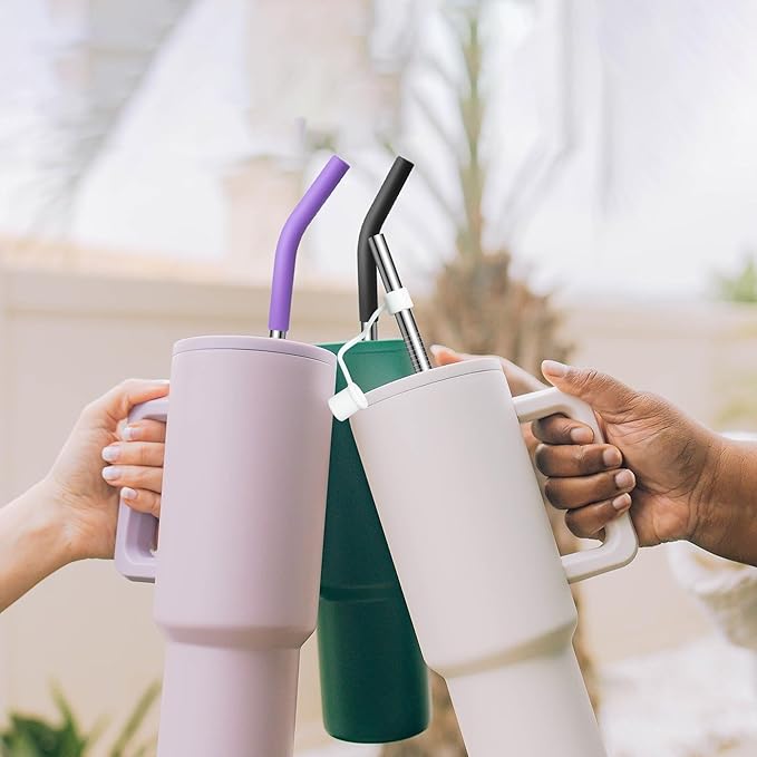 Metal Straws for 14 oz, 20 oz Stanley Tumbler, Reusable Stainless Steel Straws with Silicone Tips for Yeti 20 oz Tumbler, 2 Clean Brush