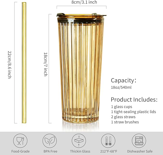 Puraville 18oz Glass Cup with Lid and Straw, Vintage Ribbed Striped Thickened Glassware for Whiskey Cocktail Beer, Mason Jar Drinking Glasses Tumbler Iced Coffee Cup, Amber