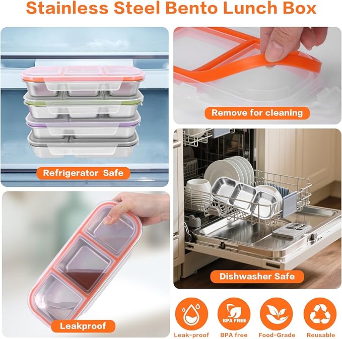 4 Pack Stainless Steel Bento Box with Lids, 304-Grade, 2-Compartments Food Storage Containers, Reusable Snap-on Lid Snack Containers Set, Meal Prep Lunch Box with Covers (24 oz / 700ml)