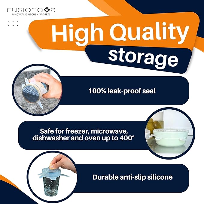 FUSIONOVA 6pcs Reusable Silicone Stretch Lids for Food Storage - Reusable Lids for Bowls - Silicone Lids for Food Storage - Reusable Stretch Wrap - Silicone Bowl Cover