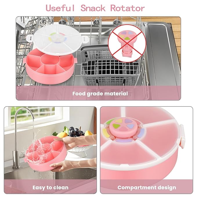 Snack Rotator Container Reusable Snack Box with 5 Compartment Dispenser and Lid, Color Matching Opening Lid, BPA and PVC Free, for Home, School, Travel (1 Pack- Pink)
