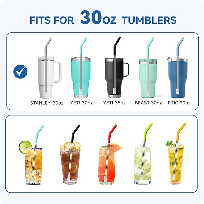 Reusable Metal Straws with Silicone Tip for Stanley 30oz,Stainless Steel Drinking Straws for 30oz Tumbler,3 Straight Tubes & 6 Tips& 1 Cleanr Brush (Cream)