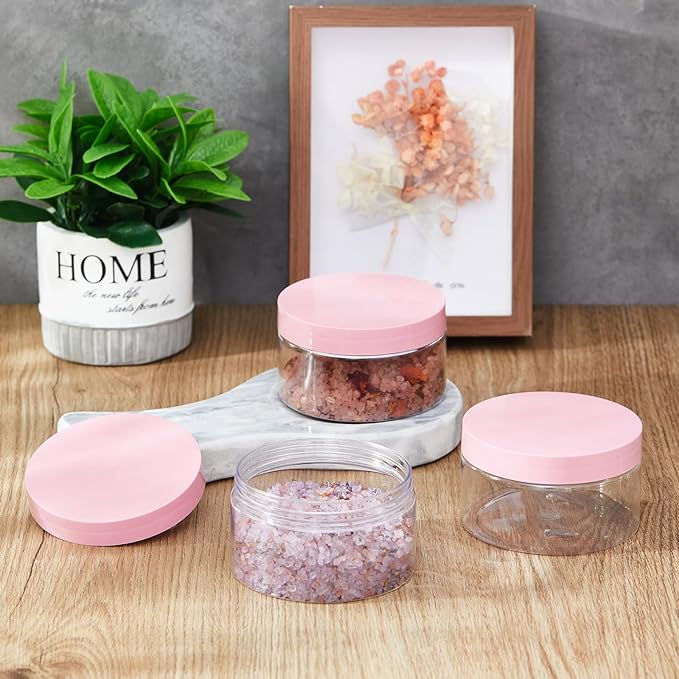 Dandat 24 Pcs 8 oz Plastic Jar Container with Lid and Label Refillable Empty Round Clear with Pink PET Cosmetic Sample Containers for Lotion, Cream, Ointments, Body Butter, Makeup, Travel Storage