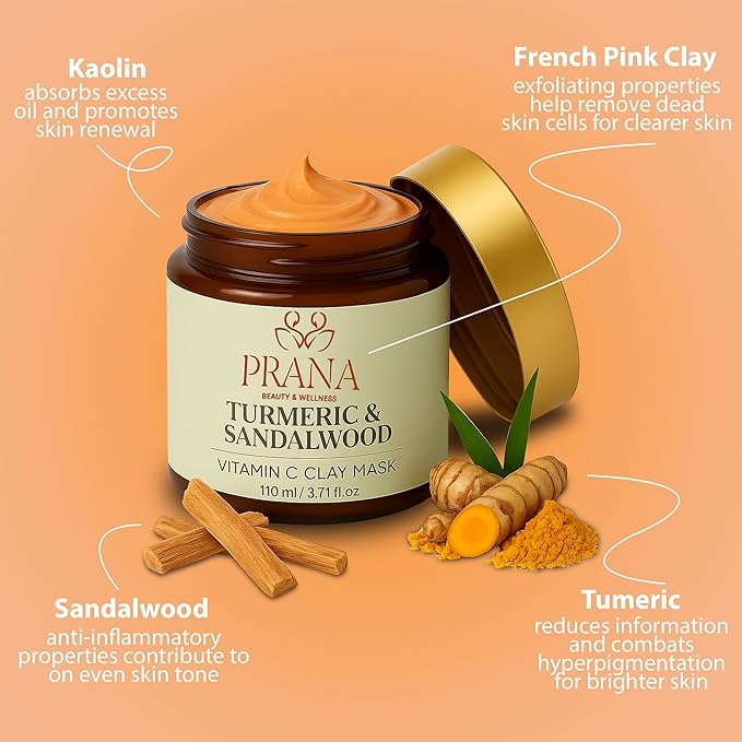 PRANA Sandalwood & Turmeric Face Mask - Natural Cleansing Facial Mask with Ayurvedic Ingredients - Bentonite & Kaolin Clay Mask - Brightening, Hydrating, Anti-Aging - Vegan & Cruelty-Free Mask (110ml)