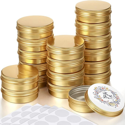 Patelai 72 Pcs 2 oz Aluminum Tins Salve Containers with Screw Lid and Labels Round Cans Travel Cosmetic Metal Tins Jar for Candles Lotion Bars Balms Food Spice Candies DIY Crafts(Gold)