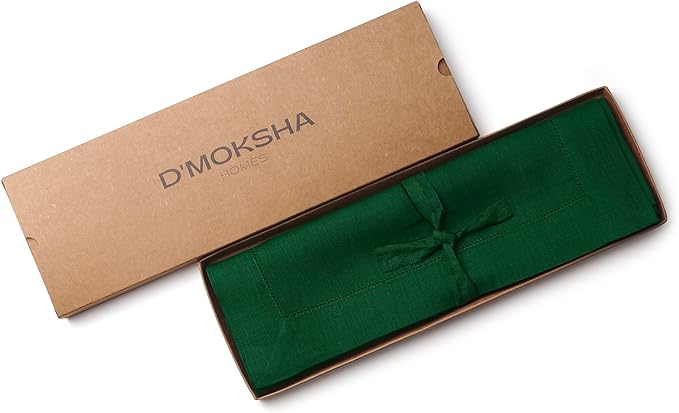 D'Moksha Homes Linen Placemats Set of 4 - Classic Hemstitch Forest Green Placemats 14 x 19 Inch - 100% Pure Linen Table Mats for Christmas, Holiday - Handcrafted and Machine Washable