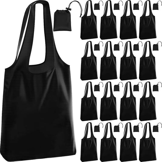 20 Pcs Reusable Grocery Bags Foldable Shopping Bags into Compact Pouch Large Black Totes with Handle Oxford Cloth Portable Lightweight Washable for Market Daily Use Travel Supermarket