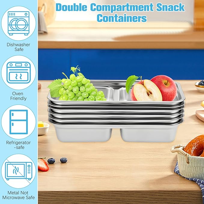 Grab and Go Snack Containers Reusable,Stainless Steel Double Compartment Snack Container,Compartment Containers with Lids,for Snacks Dips Travel and Outdoor Camping (2Pcs)