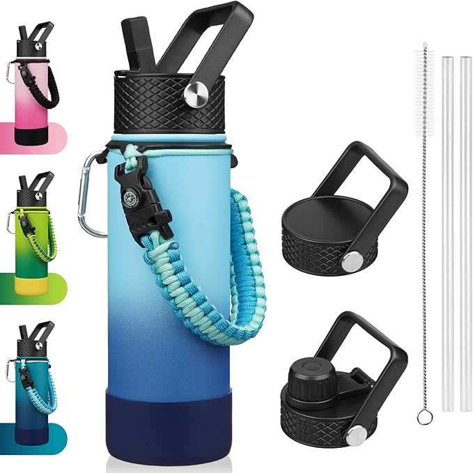 BJPKPK Insulated Water Bottle with Straw Lid, 22oz Thermal Flasks Water Bottles with 3 Lids, Paracord Handle & Non-slip Boot, BPA Free Leak Proof Stainless Steel Tumblers,Sky