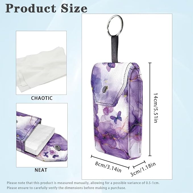 Tissues Purse Pocket Portable Pocket Tissues Travel Packs for Coins Keys Tissue Holder for Purse Snap Button Enclosed Purple Marble Butterfly