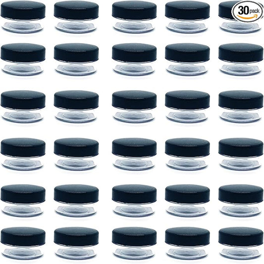 30 Pcs Sample Containers, 10 Gram Mini Sample Jars for Cosmetic, Eye shadow, Black Lid