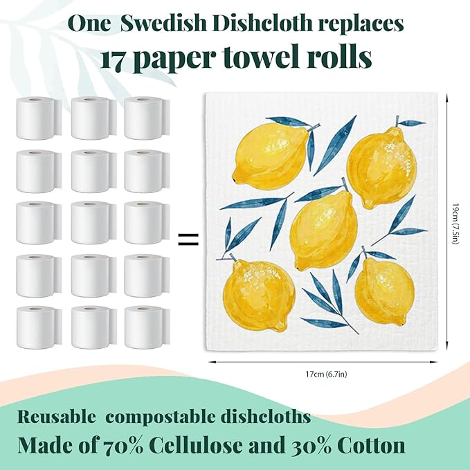 Lemon Swedish Dishcloths for Kitchen, Swedish Dish Cleaning Cloths for Friut, Papaya Reusable Paper Towels, 4 Pack Dish Towels for Kitchen, Reusable Sponge Cloths Washable