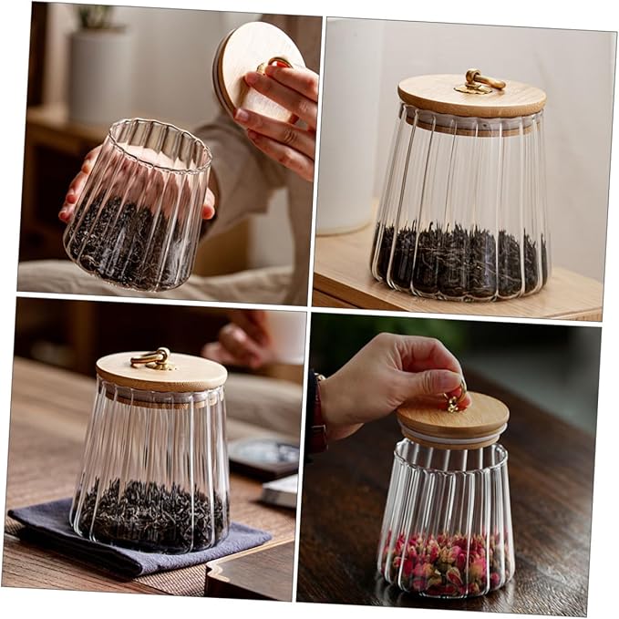 Transparent Sealed Glass Food Container with Wooden Lid Airtight Storage Jar for Kitchen Pantry Sealed Canister for Cereals Nuts Snacks and Tea