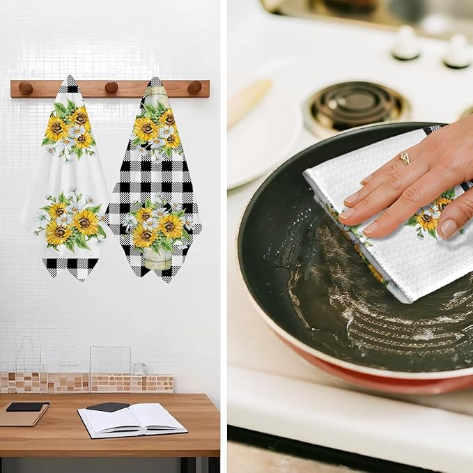Jztco 2Pcs Sunflower Kitchen Towels 24x14 Inch, Spring Summer Floral Buffalo Plaid Hand Towels for Kitchen Farmhouse Decor, Absorbent Dish Cloth Tea Towel, Sunflower Gifts for Women Mom