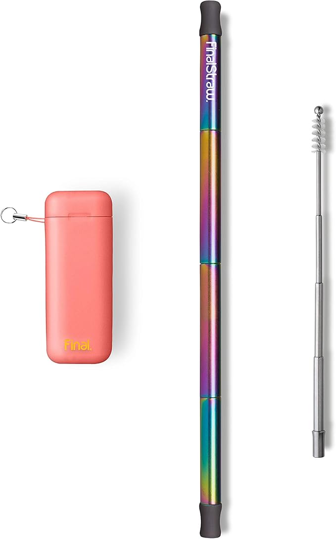 FinalStraw Collapsible, Reusable, Metal Straw | Travel Case, Cleaning Tool | Easy to Clean | Stainless Steel and 100% Silicon Tips | Eco-Friendly | Healthy Coral Case, Rainbow Stainless Steel