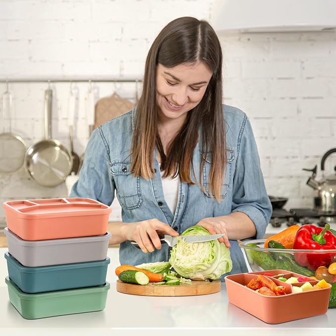 Honeydak 4 Pcs Silicone Bento Box Reusable Lunch Container 4 Compartment Snack Boxes with Lid Smooth LeakProof Rectangle Food Boxes for Adult Work Travel Food Storage (Cute Color)