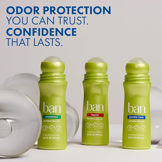 Ban Invisible Roll-on Antiperspirant Deodorant for Women and Men, 24-hour Underarm Odor & Sweat Protection, Powder Fresh, 3.5 Oz, Pack of 2
