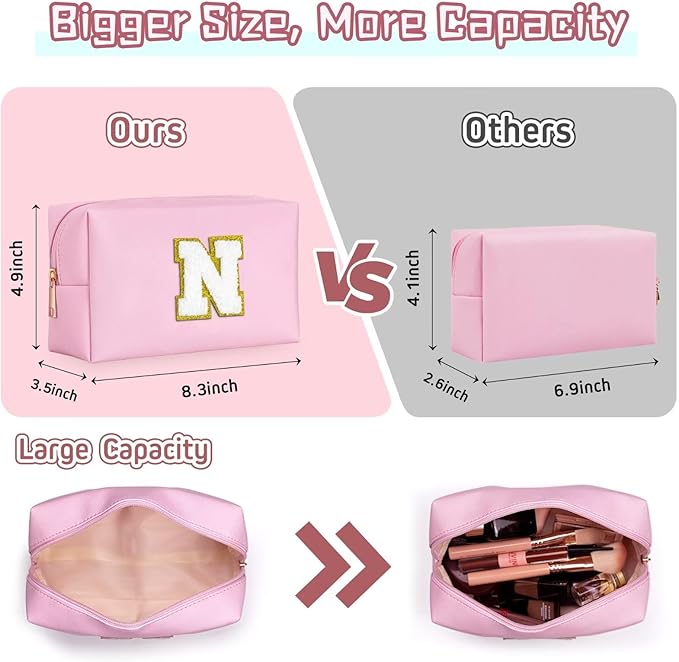 TOPEAST Preppy Makeup Bag, Small Cosmetic Travel Bags for Women, PU Leather Waterproof Toiletry Bag with Zipper, Personalized Birthday Gift for Women Girl, Preppy Gifts for Girl (Pink F)