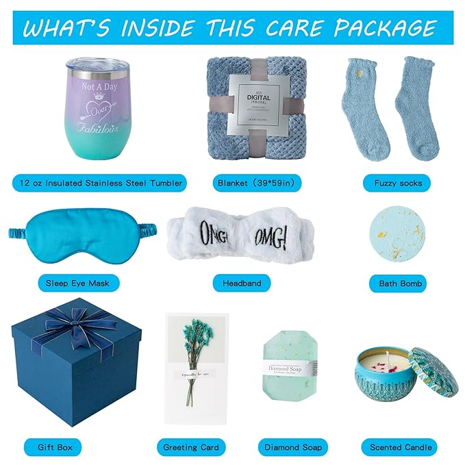 Gifts Basket for Women,Birthday Gifts for Women Birthday Presents Friendship Gifts Get Well Soon Gifts Self Care Package Gifts Blue Gift Box Relaxing Set Unique Gifts with Blanket for Mom,Wife,Sister