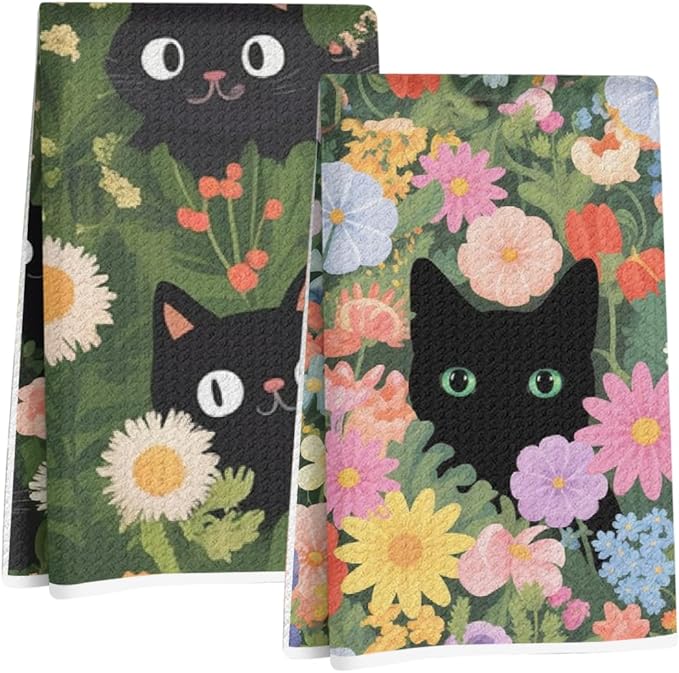 Jztco 2Pcs Cute Cat Kitchen Towels 24x14 Inch, Colorful Floral Waffle Weave Hand Towels for Kitchen Home Decor, Absorbent Microfiber Dish Cloth Tea Towel, Cat Lover Gifts for Women Mom Grandma