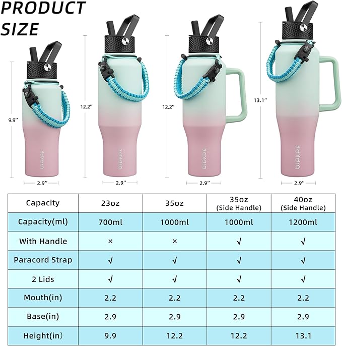 BJPKPK Insulated Water Bottles with Straw Lid, 35oz Metal Water Bottle with 2 lids & Paracord Strap, Double Wall Stainless Steel Tumbler with Handle, Reusable Cups, Mugs, Thermo, Marshmallow